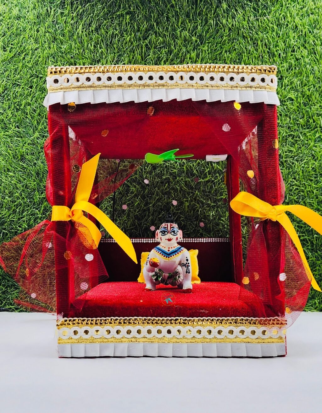 Beautiful Maroon Color House + Bed With Fan And Light For Laddu Gopal Ji