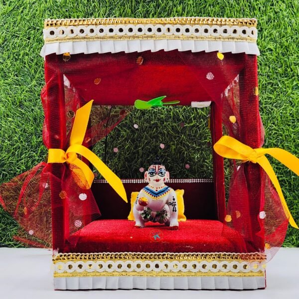 Beautiful Maroon Color House + Bed With Fan And Light For Laddu Gopal Ji