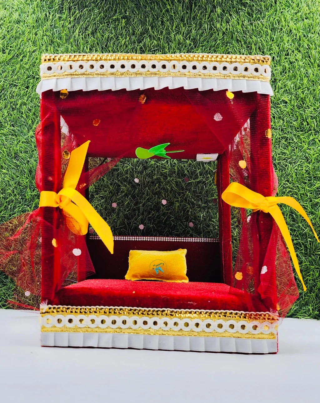 Beautiful Maroon Color House + Bed With Fan And Light For Laddu Gopal Ji - Image 2