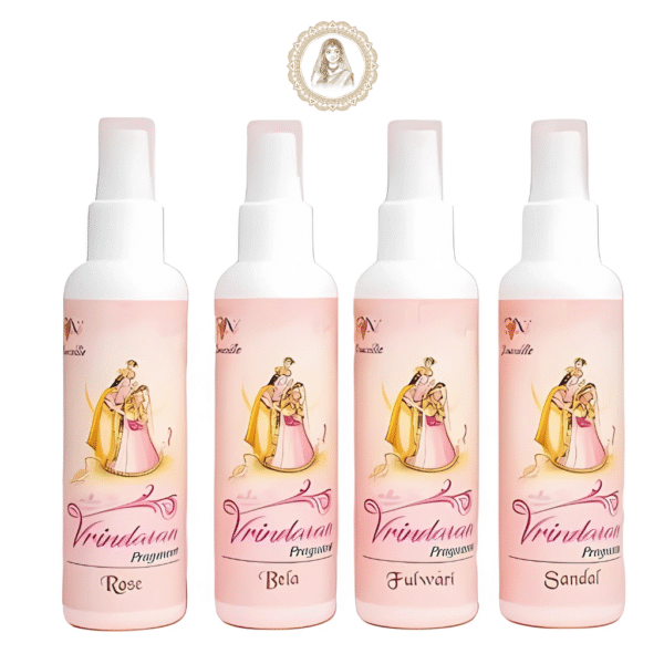 Radharanikripa- Fragrance Spray for home temple Garden Spray Set – Pack of 4 Natural Scents: Sandal, Rose, Bela, and Fulwari