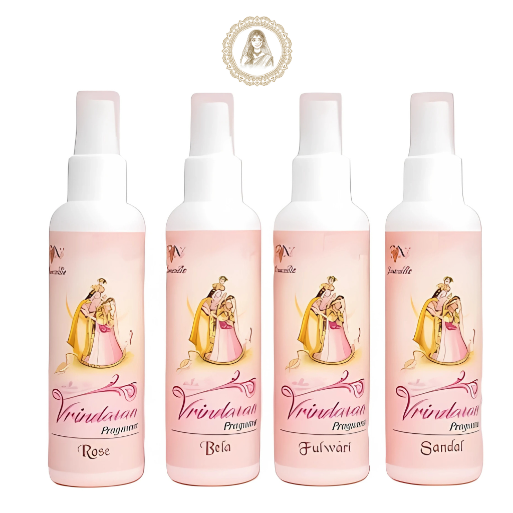 Radharanikripa- Fragrance Spray for home temple Garden Spray Set – Pack of 4 Natural Scents: Sandal, Rose, Bela, and Fulwari