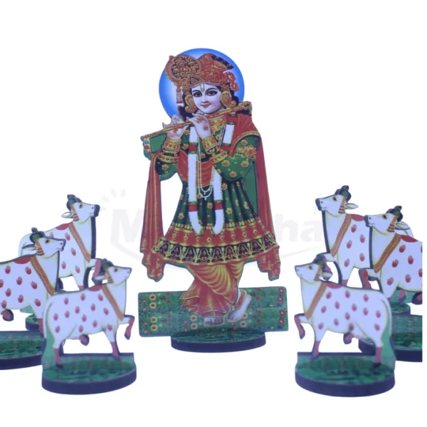 MDF Wooden fine quality Lord Krishna with Cows Figurine Set