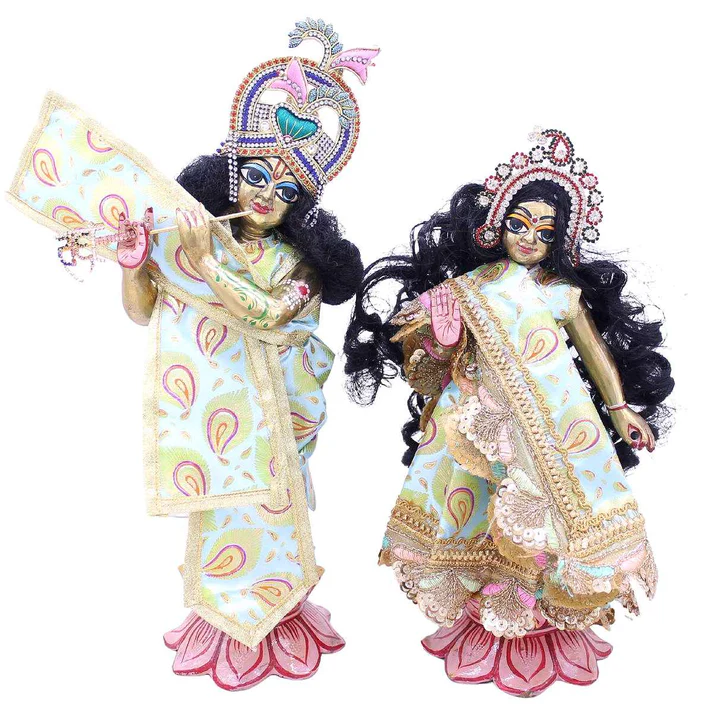 Feather printed and lace decorated dress for Radhey krishna
